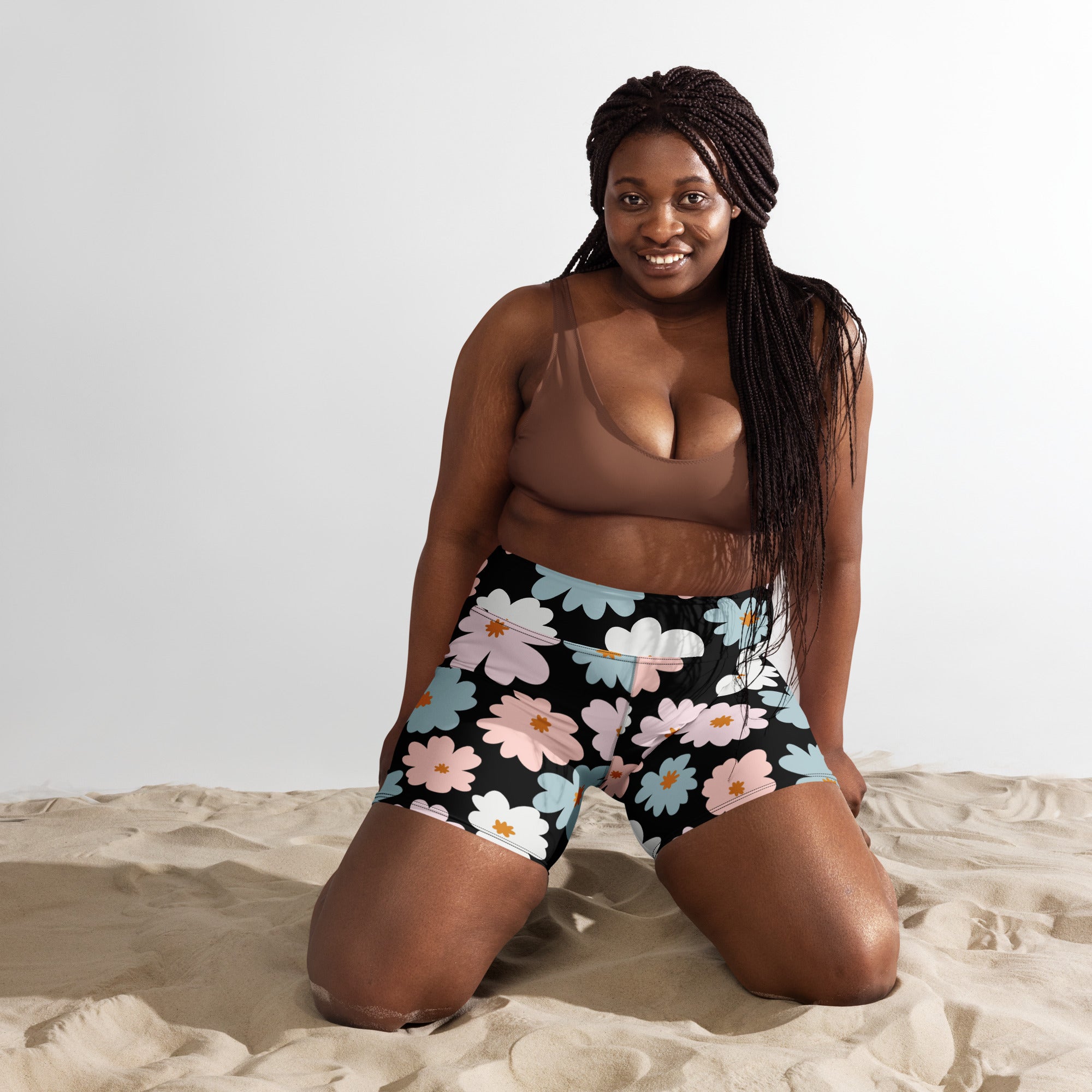 Women’s retro floral yoga shorts high waisted buttery soft black shorts with pink and light blue blossoms