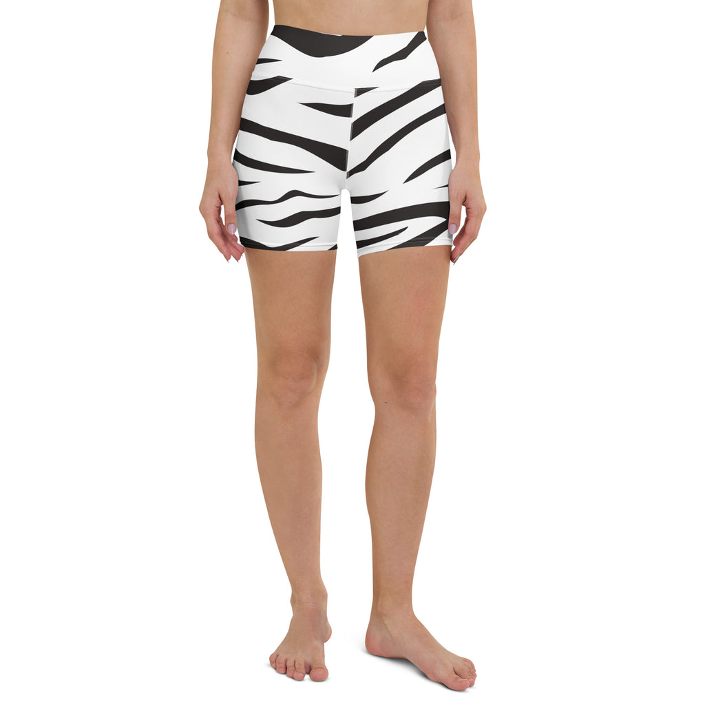 Women’s high waisted buttery soft zebra print yoga shorts in black and white for activewear and casual wear