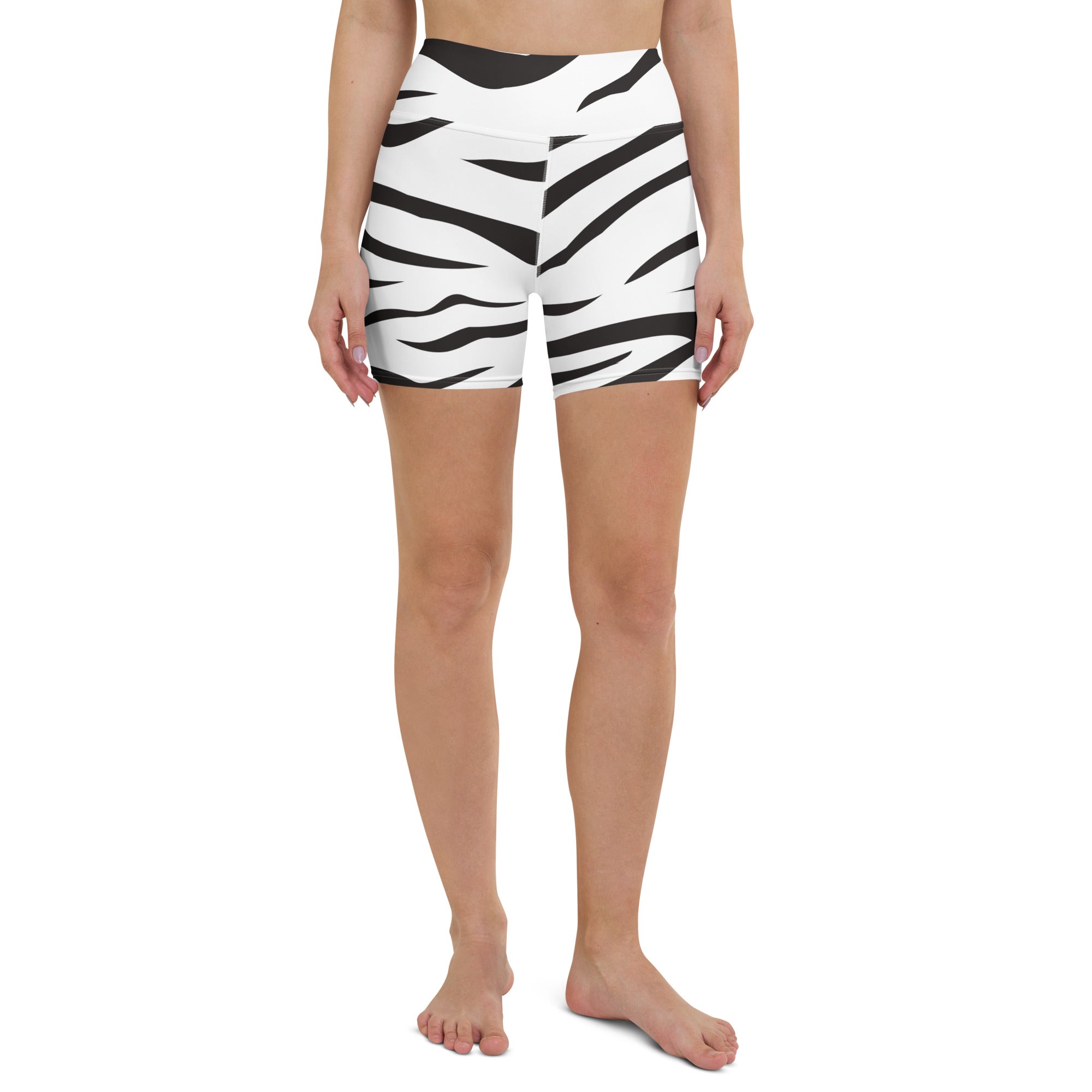 Women’s high waisted buttery soft zebra print yoga shorts in black and white for activewear and casual wear