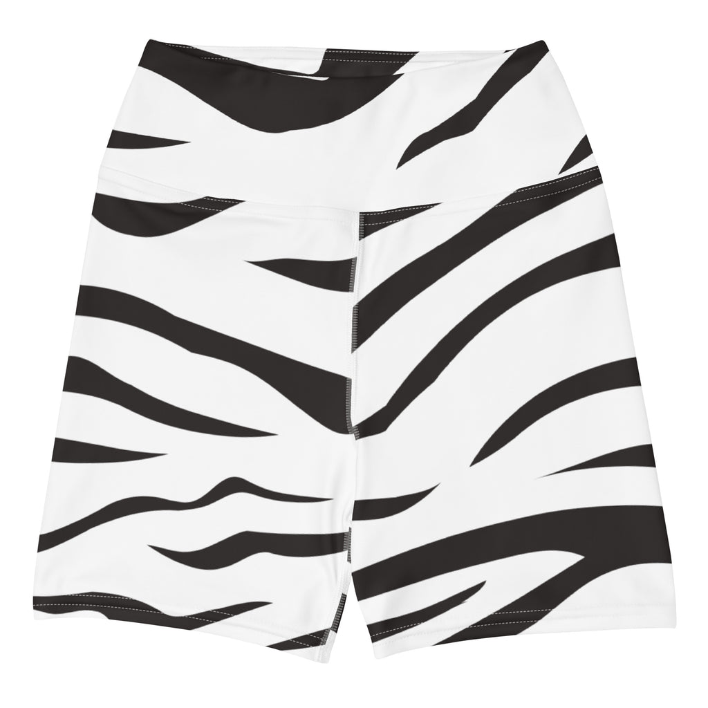 Women’s high waisted zebra print yoga shorts in black and white with buttery soft fabric for active wear