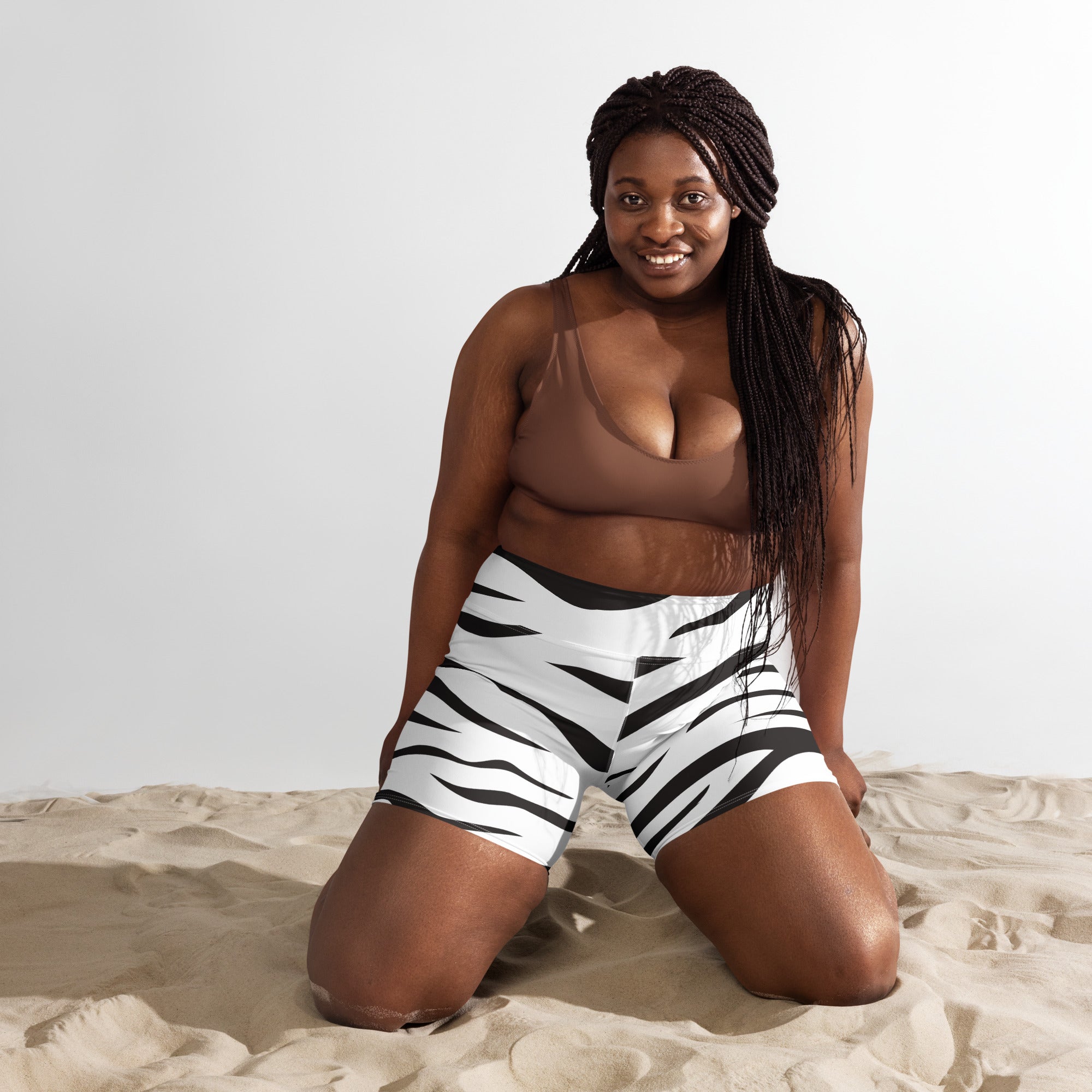 Women’s white and black zebra print high waisted buttery soft yoga shorts for activewear use
