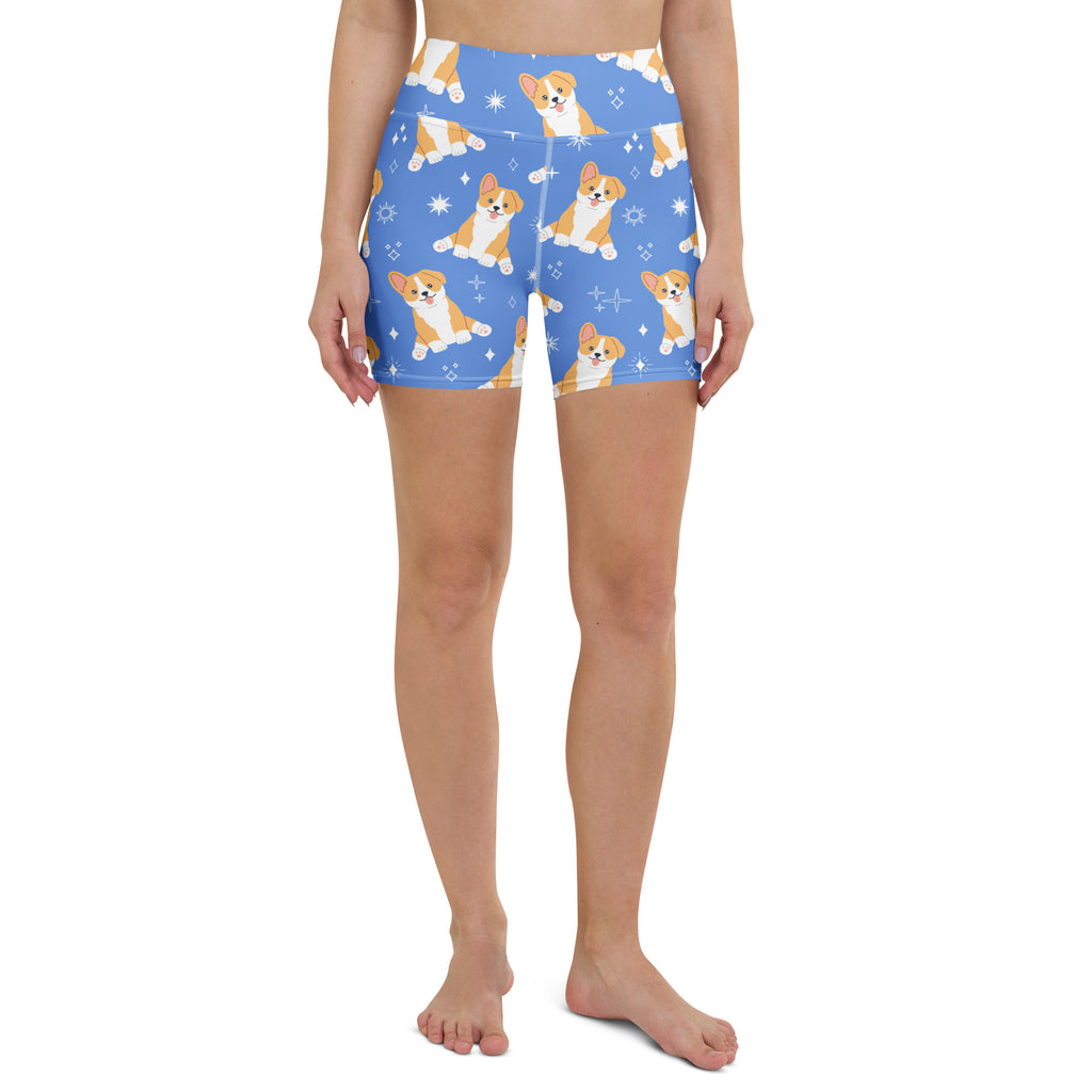 Women’s blue high waisted buttery soft yoga shorts with repeating cartoon corgi dog and sparkle pattern