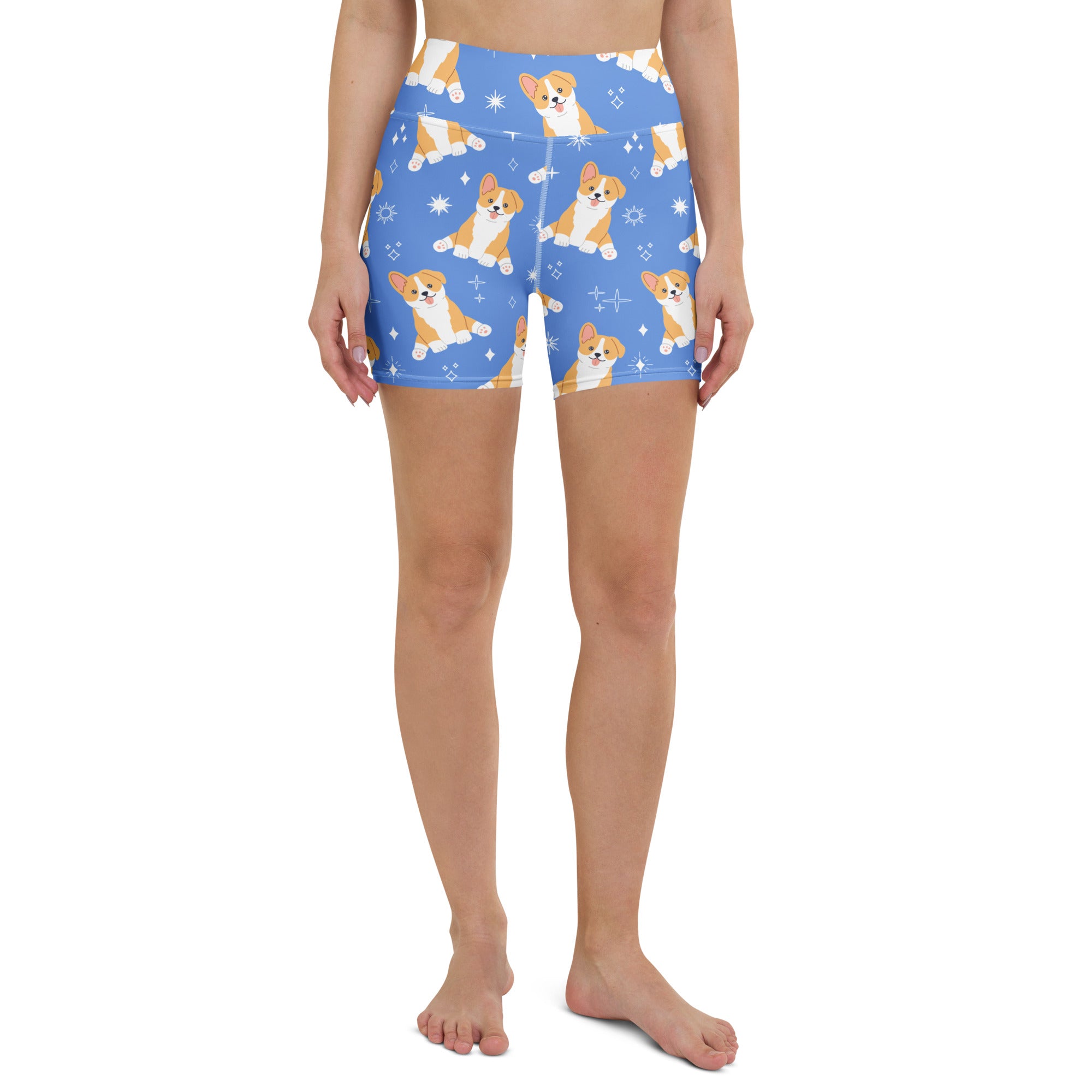 Women’s blue high waisted buttery soft yoga shorts with repeating cartoon corgi dog and sparkle pattern