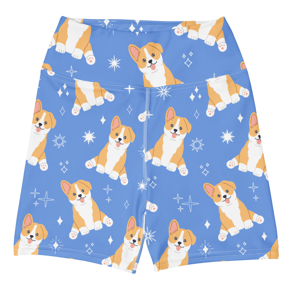 Women’s blue high waisted buttery soft yoga shorts with a playful cartoon corgis and sparkles pattern