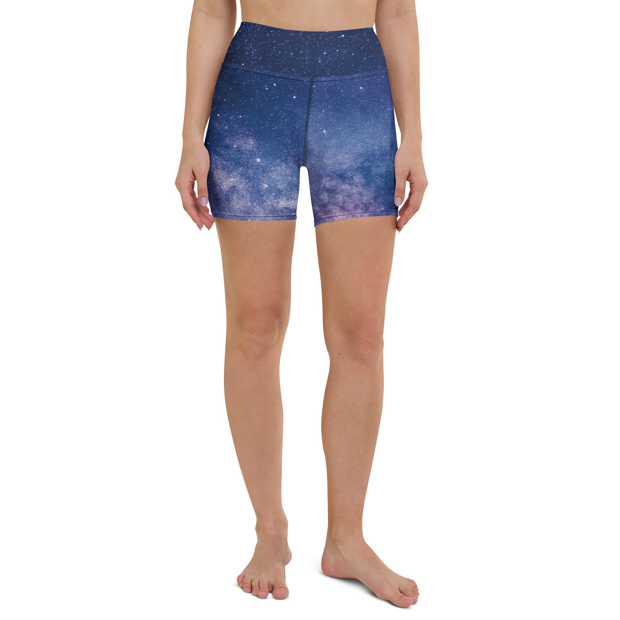 Women’s realistic galaxy print high waisted yoga shorts in blue and purple buttery soft fabric for activewear