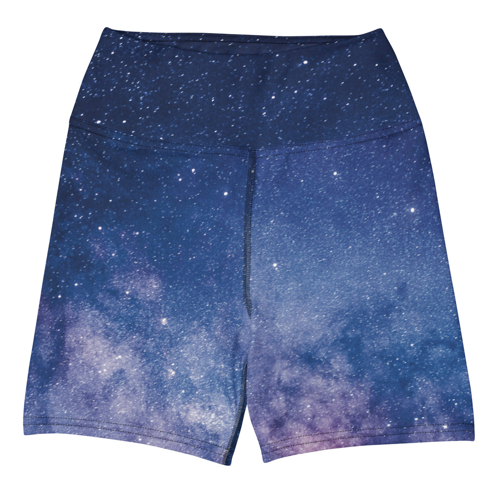 Women’s navy blue and purple galaxy high waisted buttery soft yoga shorts with starry night sky print