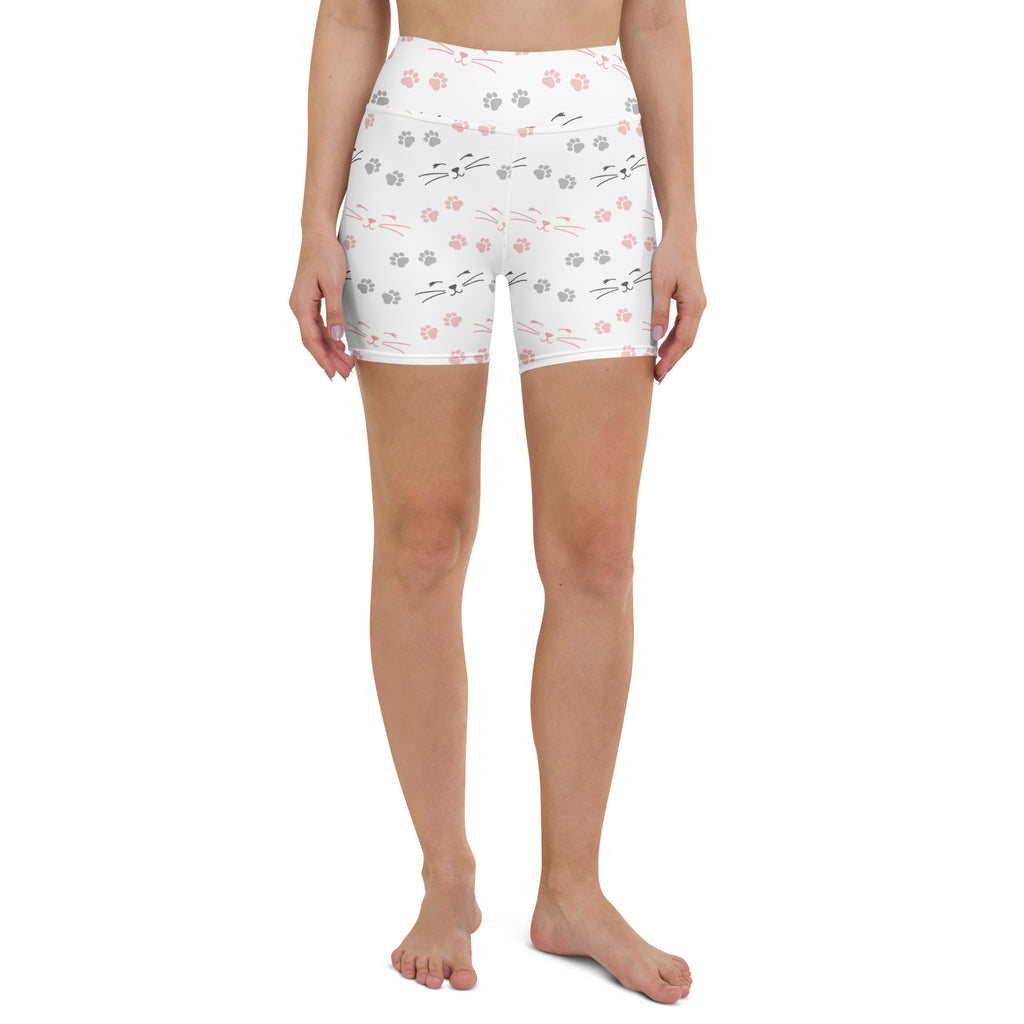 White high waisted buttery soft yoga shorts with pink and gray cat face and paw print pattern for women