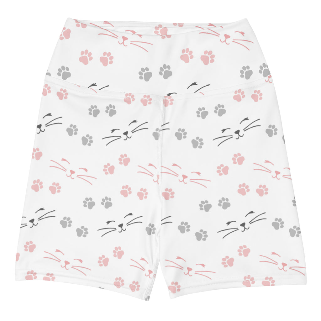 Women’s white high waisted buttery soft yoga shorts with pink gray paw prints and black cat faces pattern