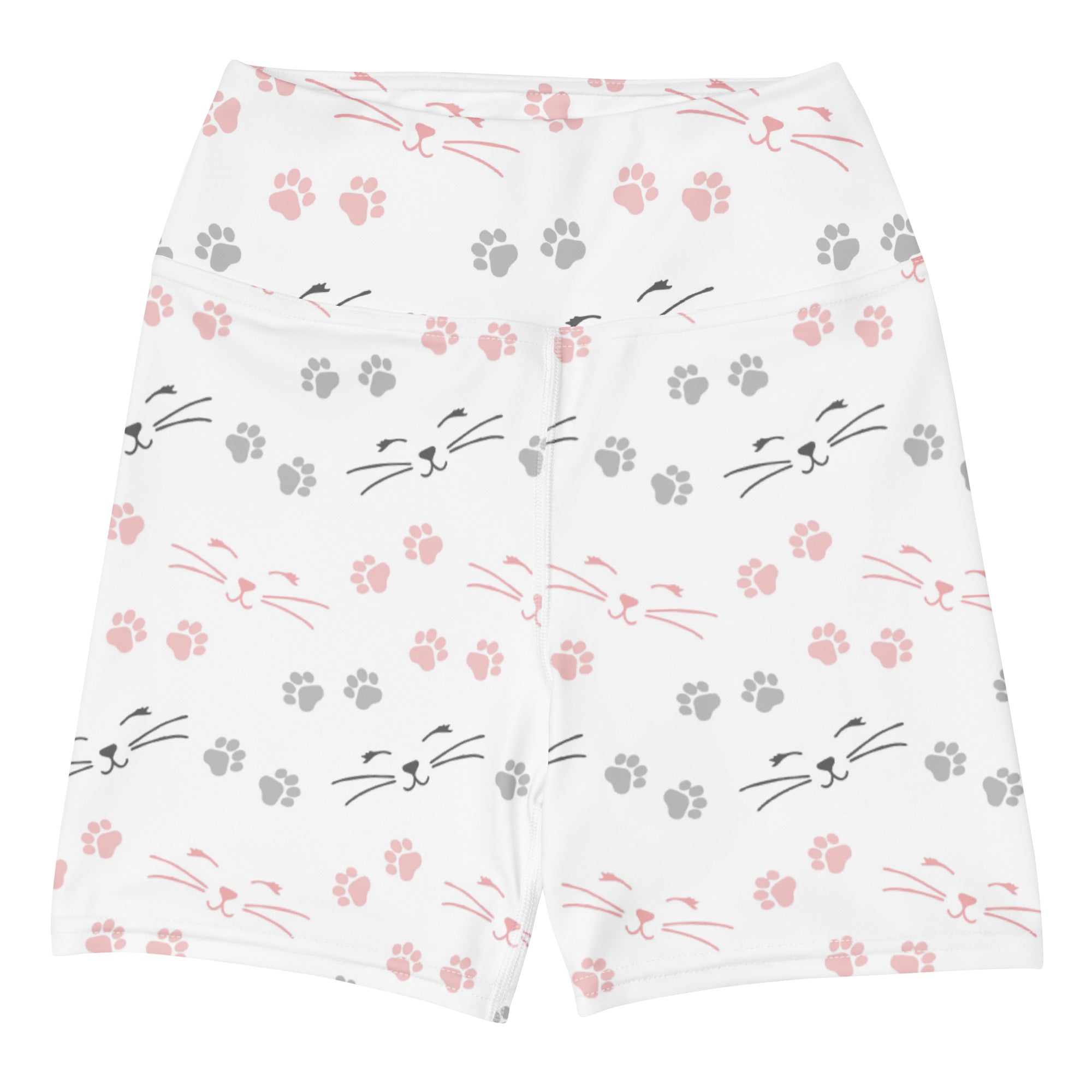 Women’s white high waisted buttery soft yoga shorts with pink gray paw prints and black cat faces pattern