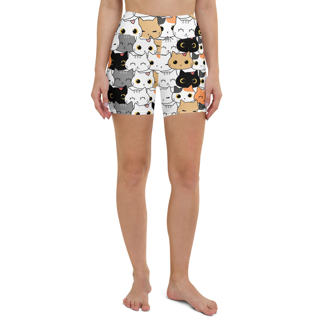 Women’s high waisted white yoga shorts with colorful cartoon cat face print made from buttery soft fabric