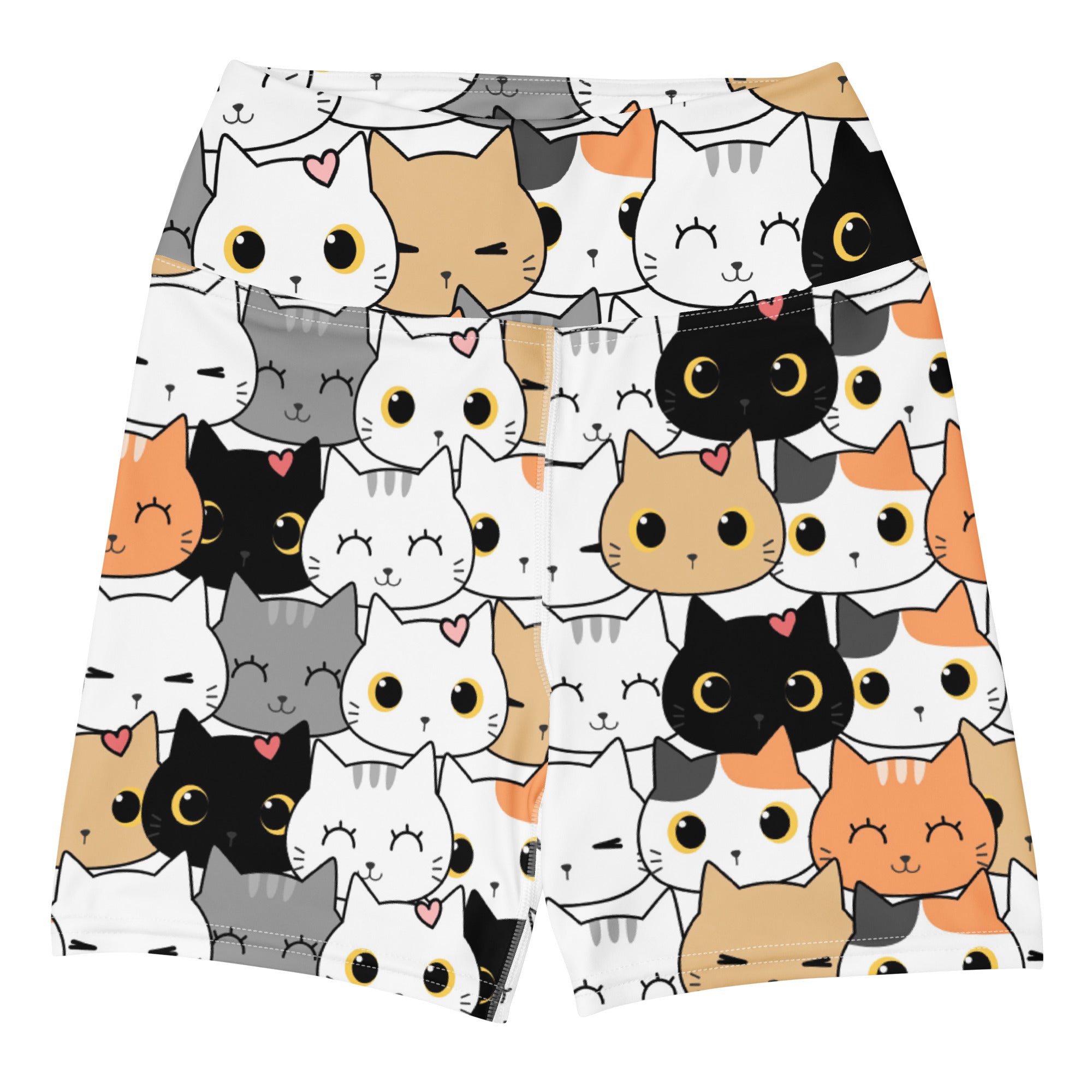 White women’s high waisted buttery soft yoga shorts with colorful cartoon cat faces and pink hearts print