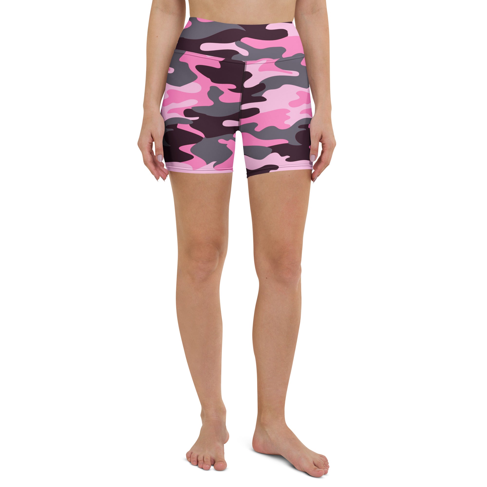 Women’s pink and gray camouflage high waisted yoga shorts made from buttery soft fabric for active wear