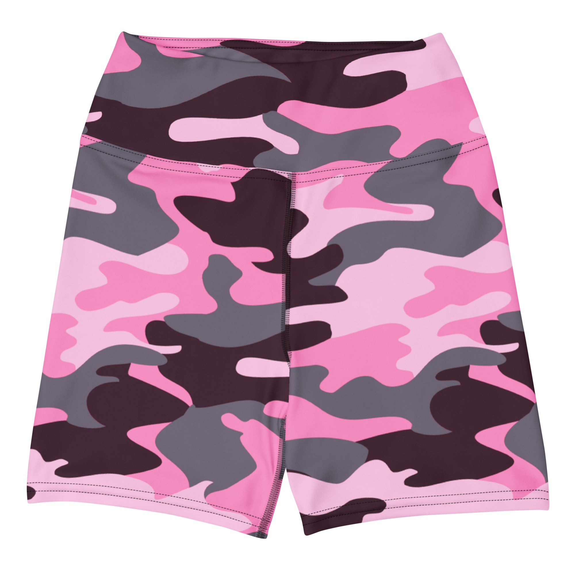 Women’s pink and gray camouflage high waisted buttery soft yoga shorts designed for active wear and comfort