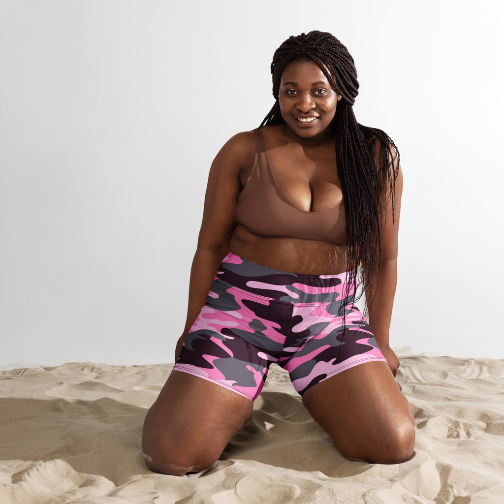 Women’s high waisted buttery soft yoga shorts in pink and black camouflage pattern for active wear