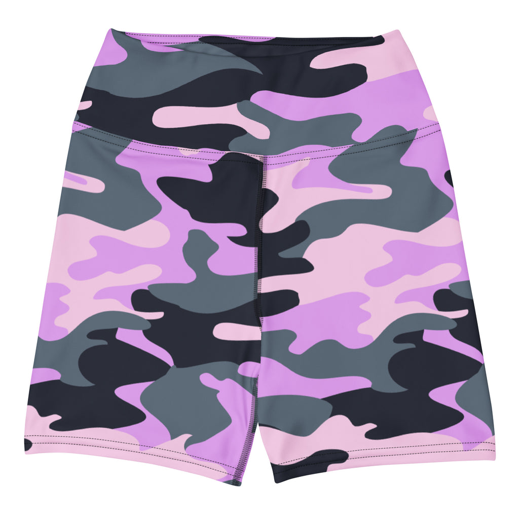 Women’s purple and black camouflage high waisted buttery soft yoga shorts for active wear