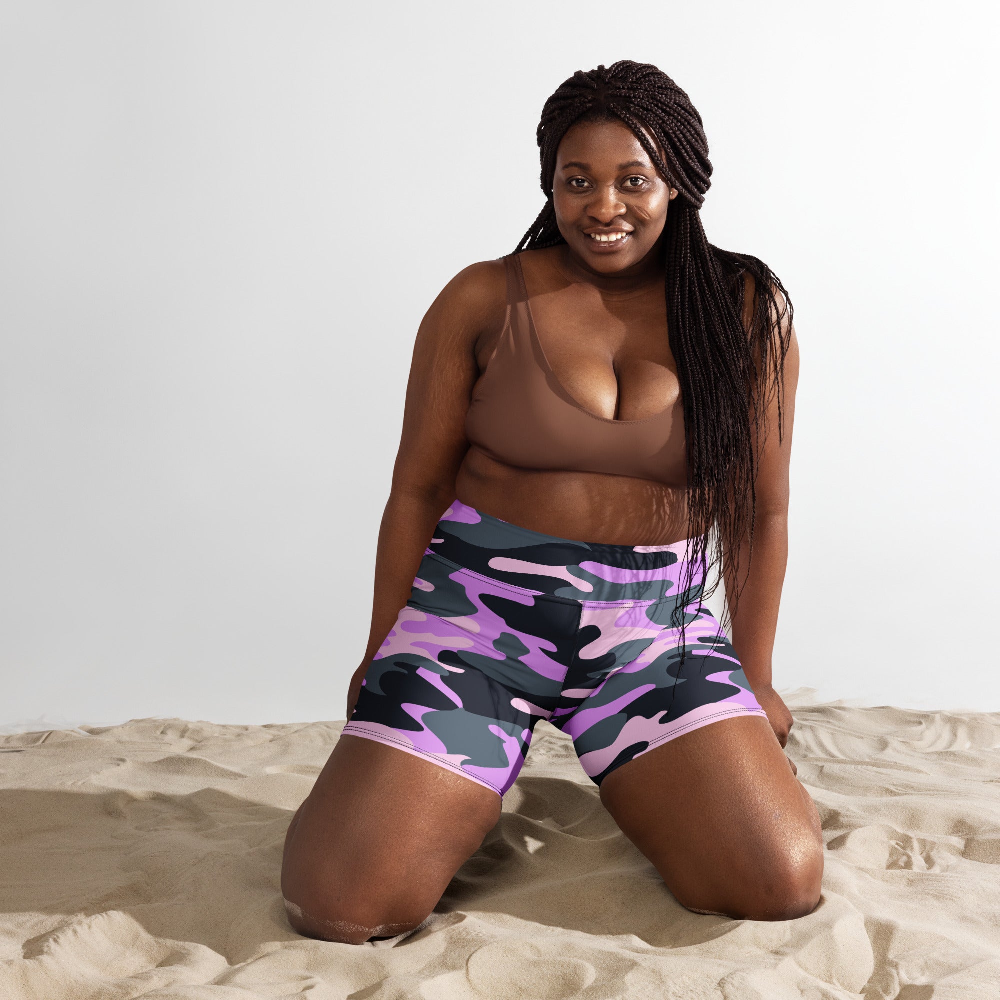 Women’s purple and black camouflage high waisted buttery soft yoga shorts for active wear