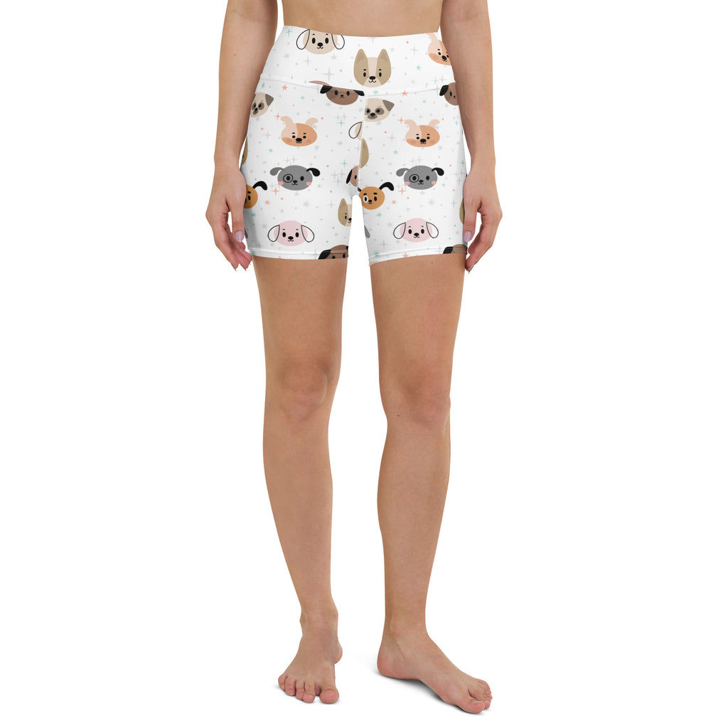 Women’s high waisted buttery soft white bike shorts with a playful colorful cartoon dog pattern for yoga and active wear