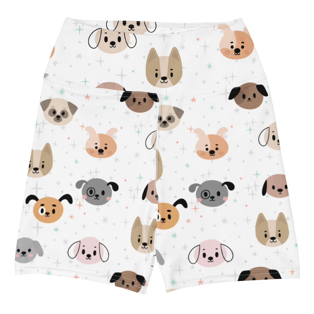 Women’s high waisted buttery soft white yoga shorts with playful multicolor cartoon dog face pattern and subtle stars