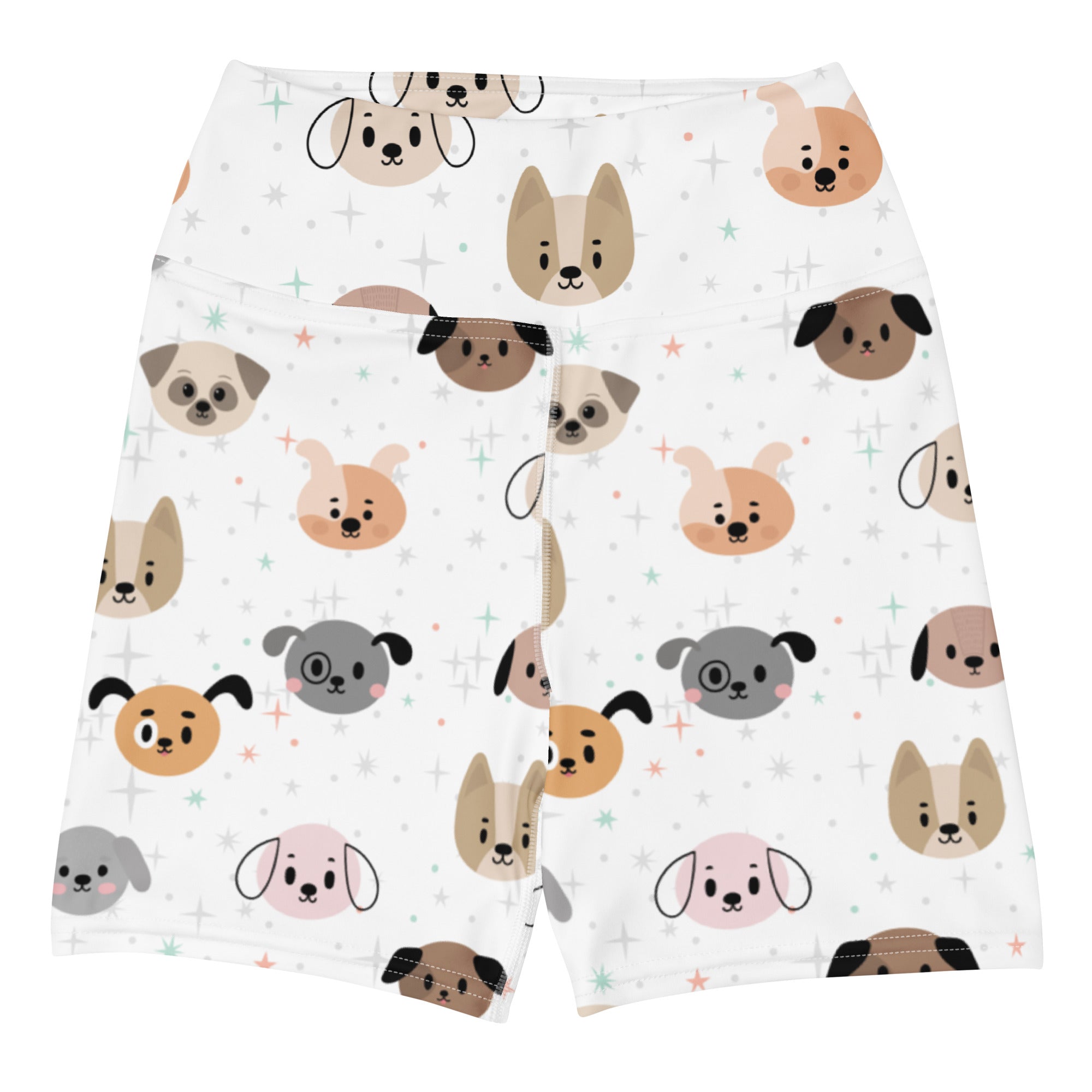 Women’s high waisted buttery soft white yoga shorts with playful multicolor cartoon dog face pattern and subtle stars