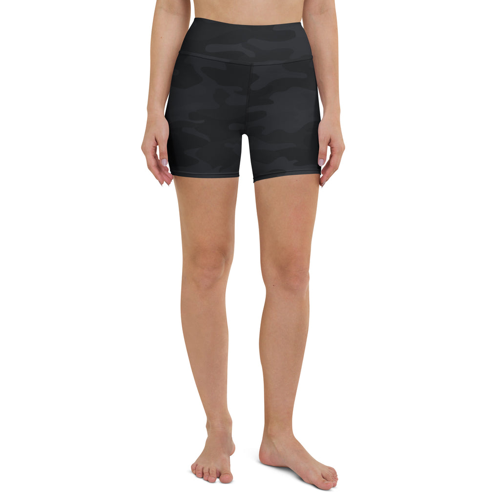 Women’s black camouflage high waisted buttery soft yoga shorts designed for active wear and comfort