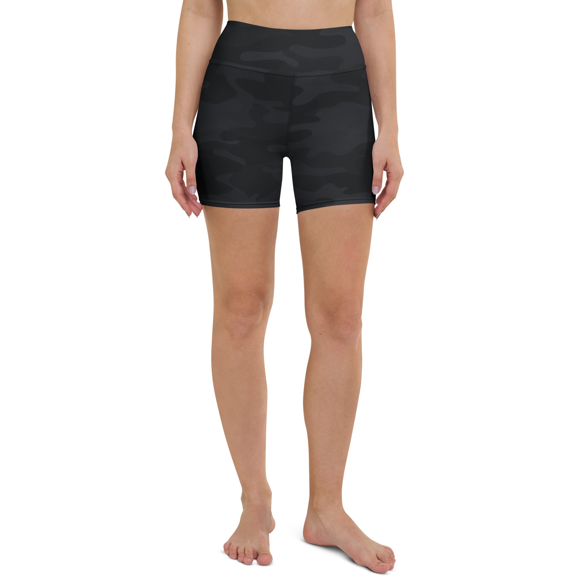 Women’s black camouflage high waisted buttery soft yoga shorts designed for active wear and comfort