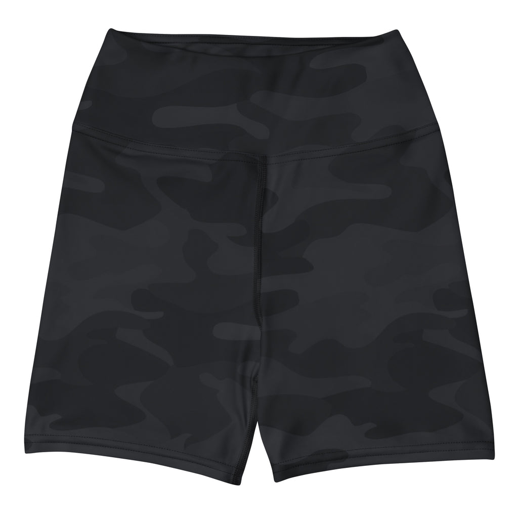 Women’s black camouflage high-waisted yoga shorts made of buttery soft material for active wear