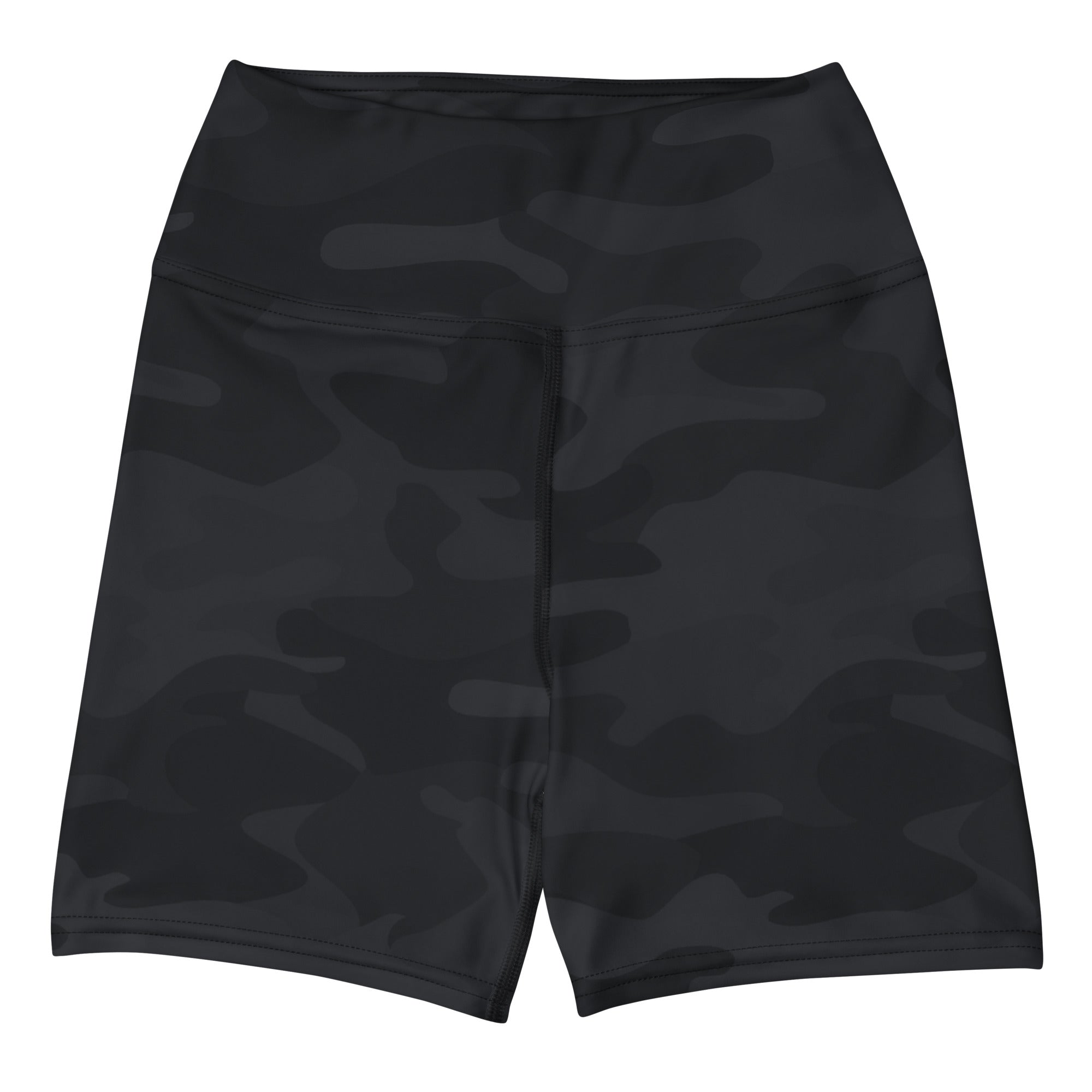 Women’s black camouflage high-waisted yoga shorts made of buttery soft material for active wear