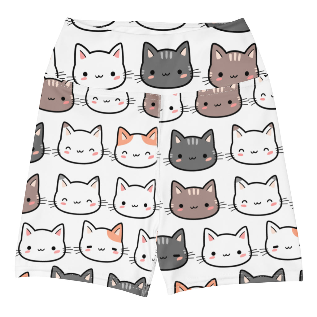 Women’s high waisted buttery soft white cat yoga shorts with playful cartoon cats in white gray and brown with pink cheeks