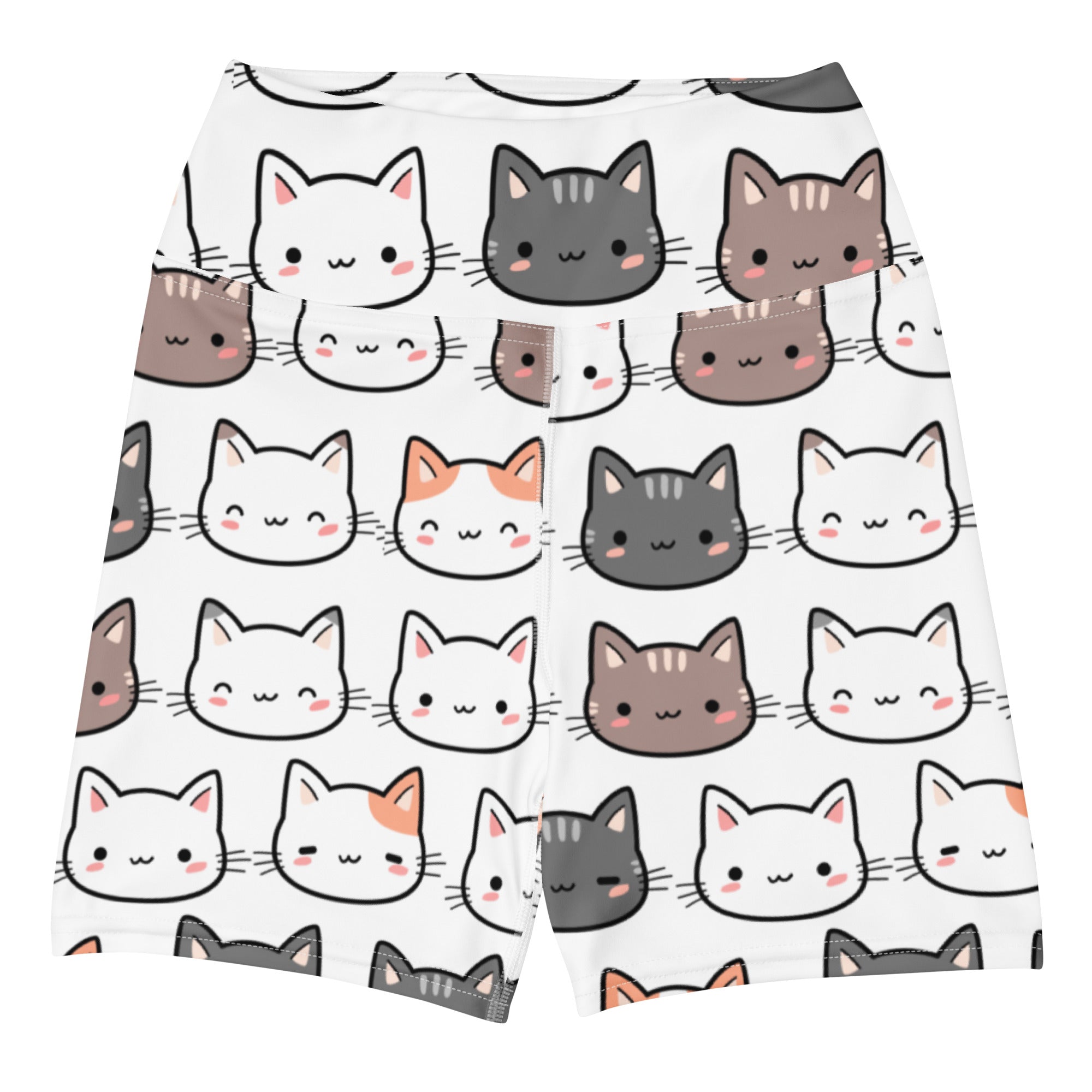 Women’s high waisted buttery soft white cat yoga shorts with playful cartoon cats in white gray and brown with pink cheeks
