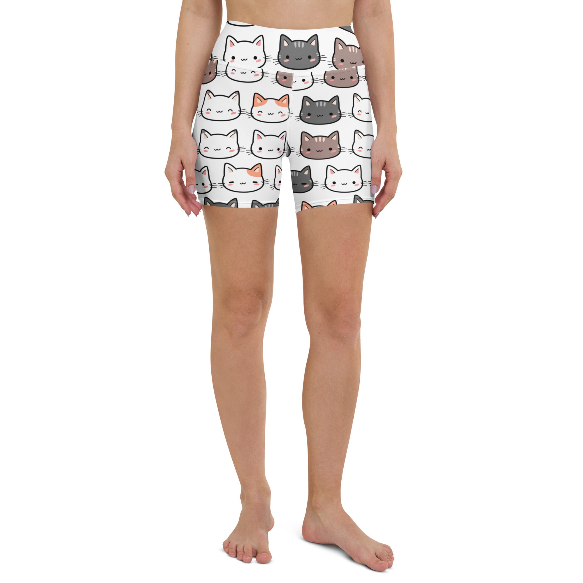 White high waisted buttery soft women’s yoga shorts with a playful multicolor cartoon cat pattern