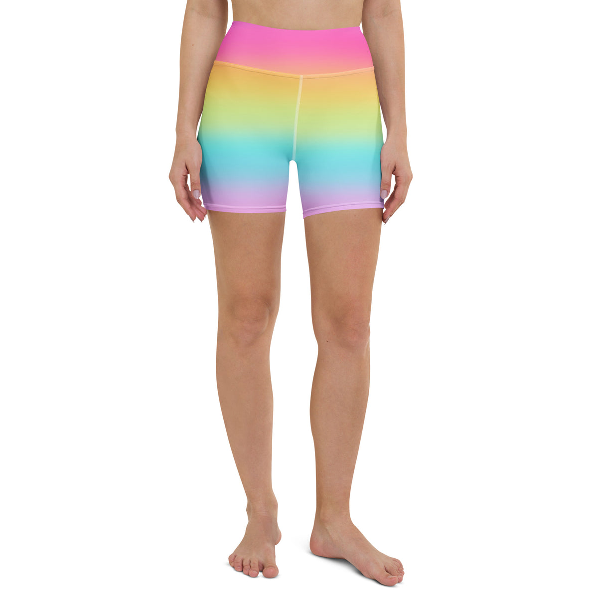 Women’s bright rainbow high waisted yoga shorts in stretchy buttery soft fabric for active wear