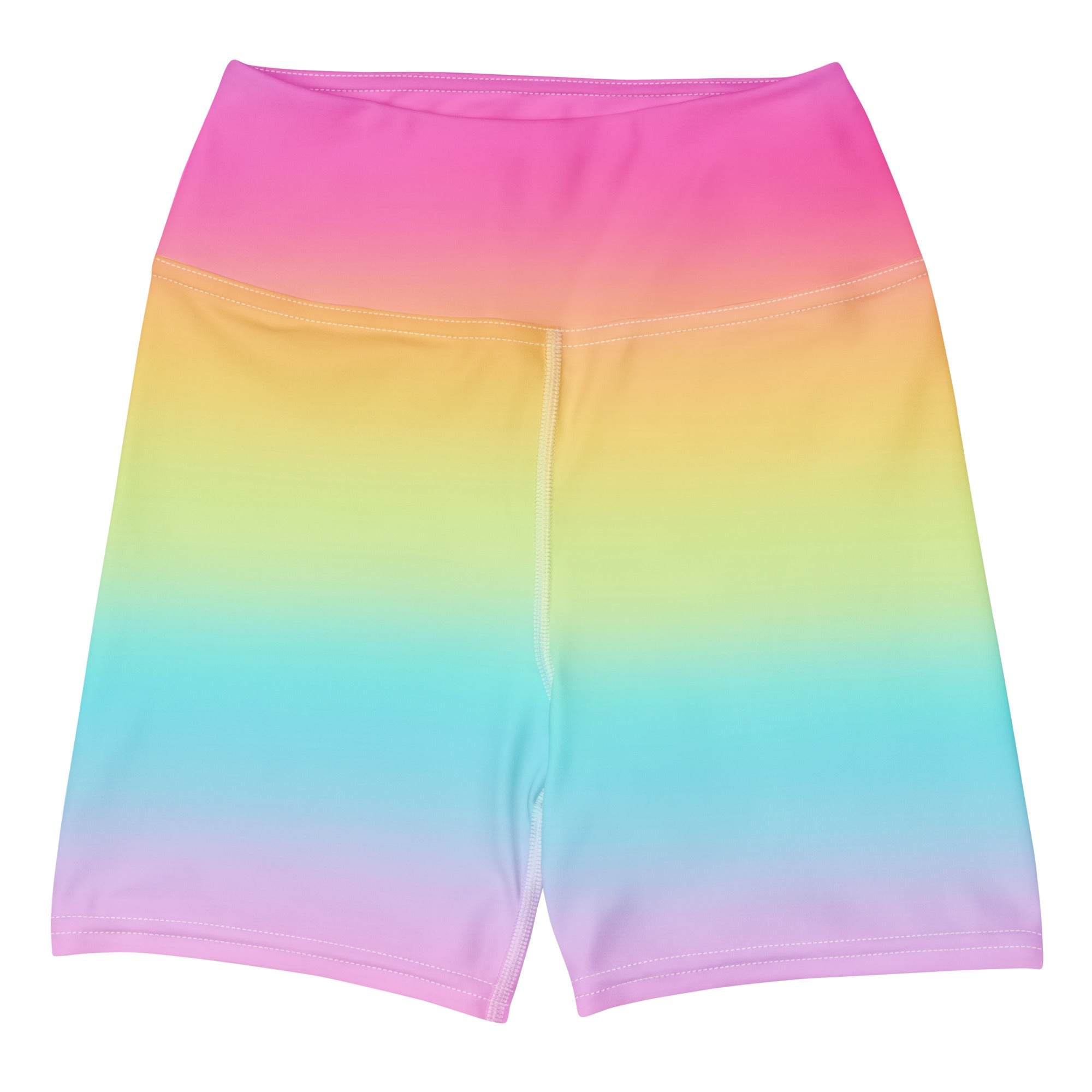 Women’s bright rainbow high-waisted yoga shorts in smooth stretchy fabric perfect for active wear