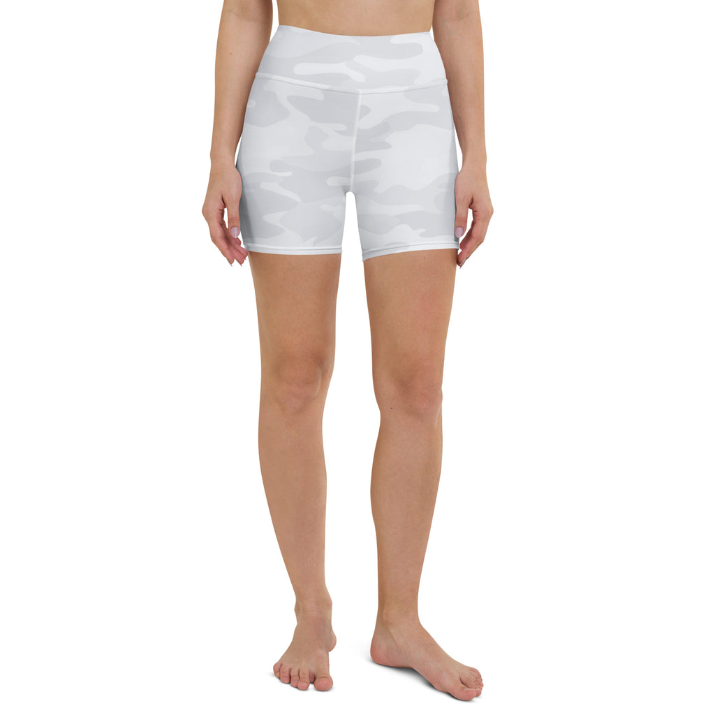 Women’s white camouflage high waisted yoga shorts made of buttery soft fabric for activewear use