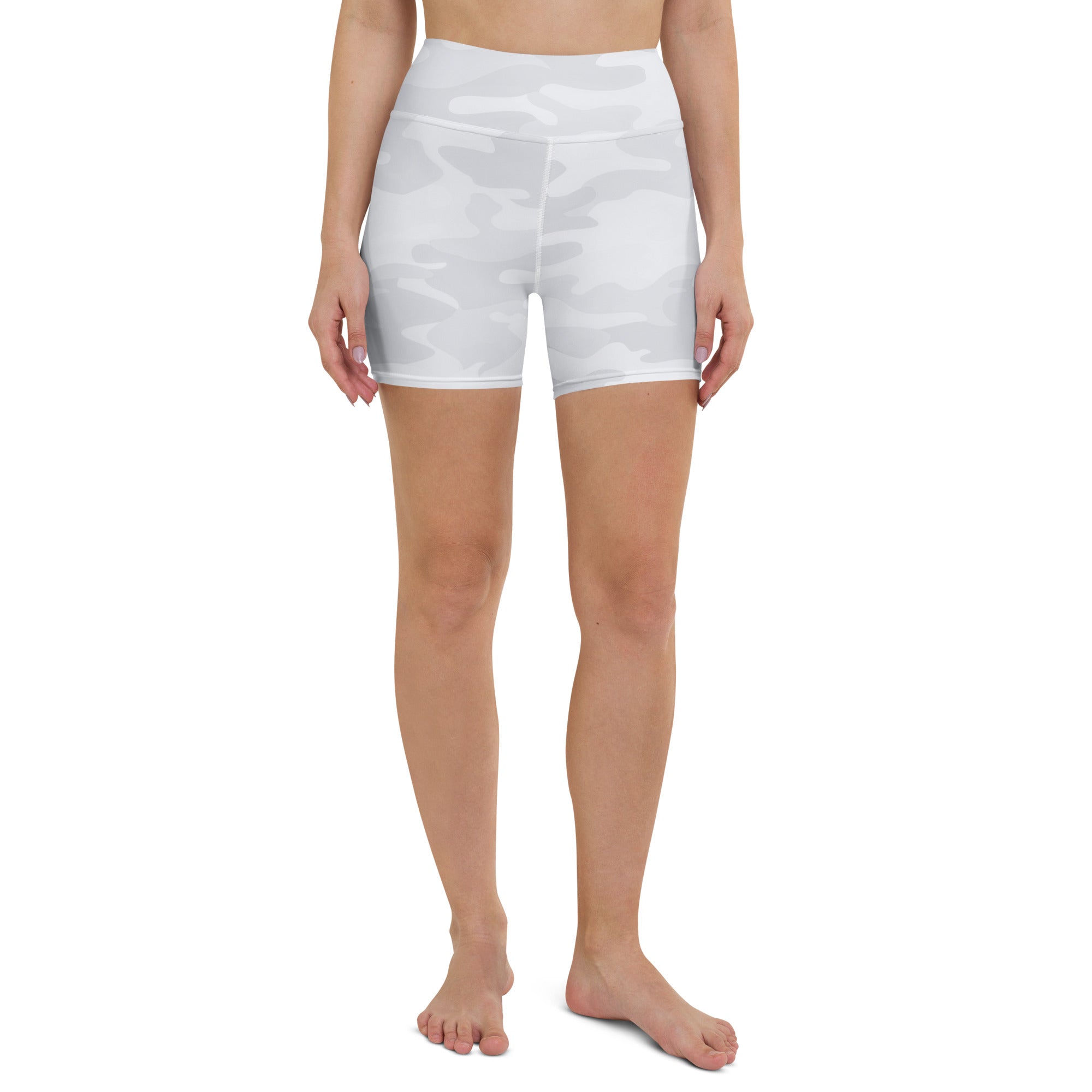 Women’s white camouflage high waisted yoga shorts made of buttery soft fabric for activewear use