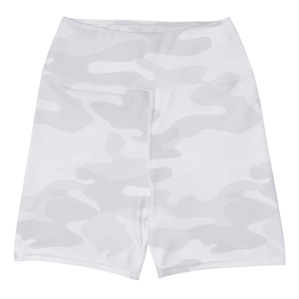 Women’s high waisted white and gray camouflage yoga shorts made from buttery soft fabric for active wear