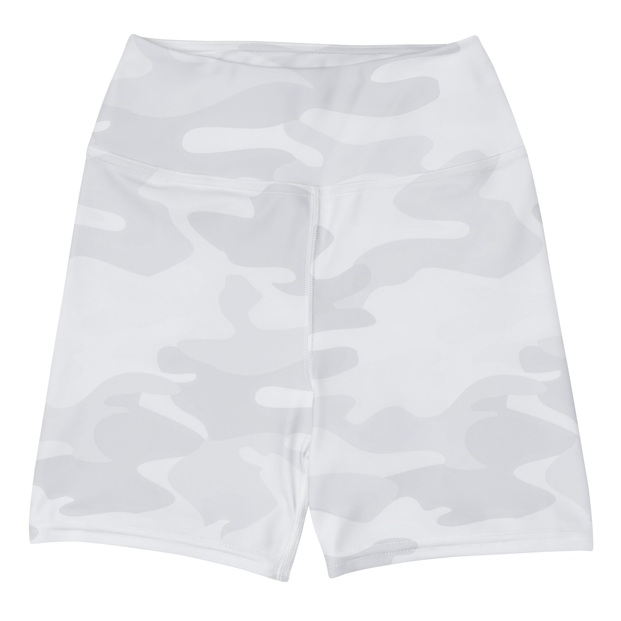 Women’s high waisted white and gray camouflage yoga shorts made from buttery soft fabric for active wear
