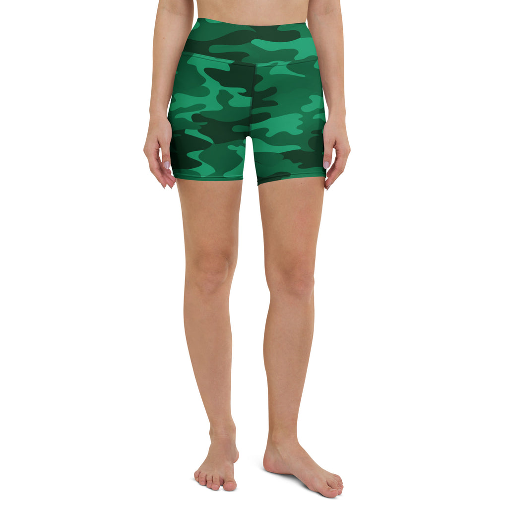 Women’s high waisted green camouflage yoga shorts made of buttery soft fabric for activewear use
