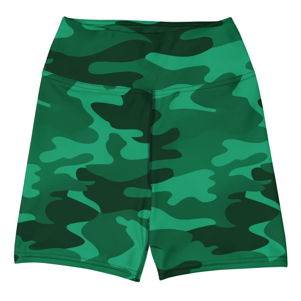 Women’s green camouflage high waisted yoga shorts made of buttery soft fabric for active wear