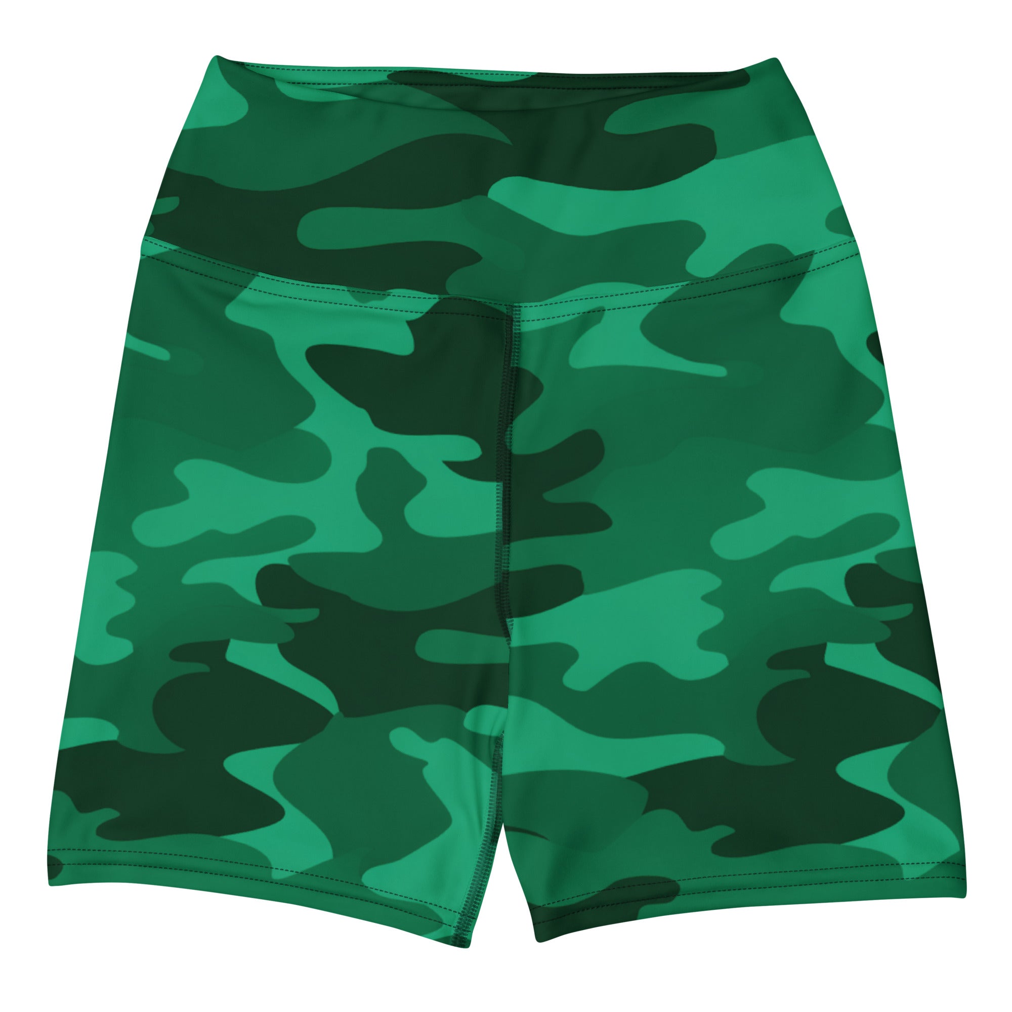 Women’s green camouflage high waisted yoga shorts made of buttery soft fabric for active wear