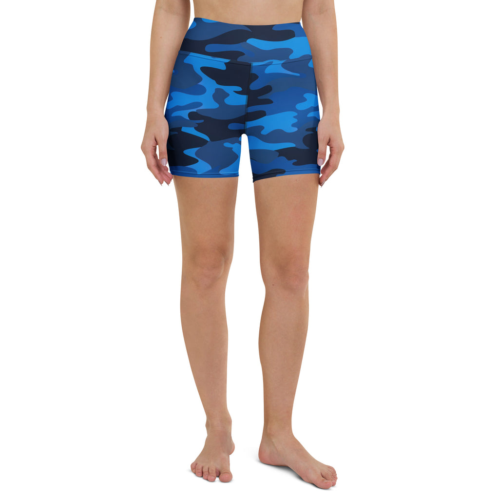 Women’s high waisted blue and black camouflage buttery soft yoga shorts for active wear