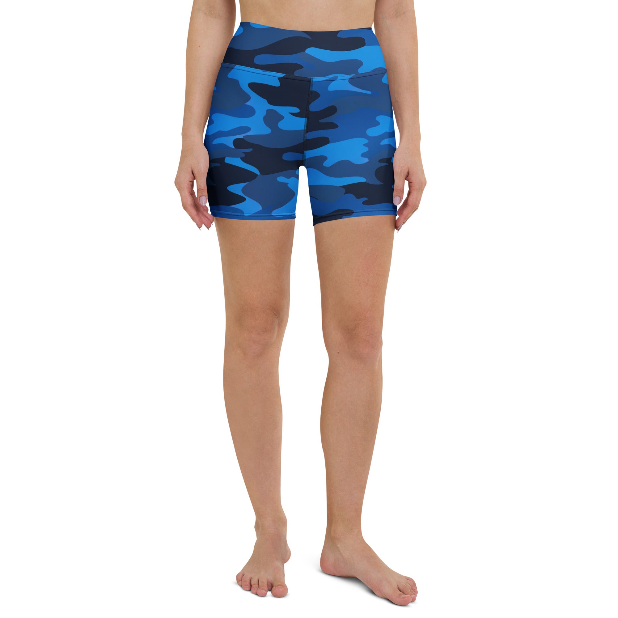 Women’s high waisted blue and black camouflage buttery soft yoga shorts for active wear