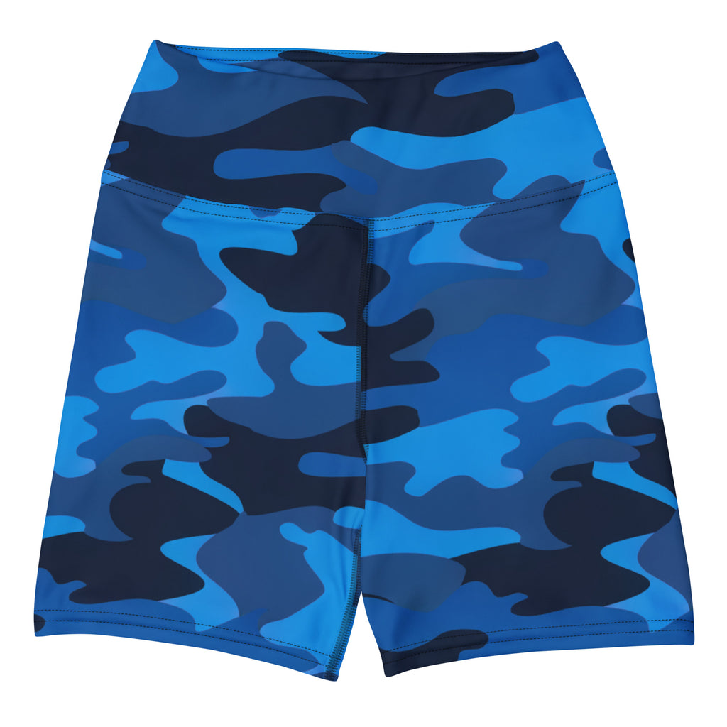 Women’s high waisted blue and navy camouflage yoga shorts made from buttery soft fabric for activewear use