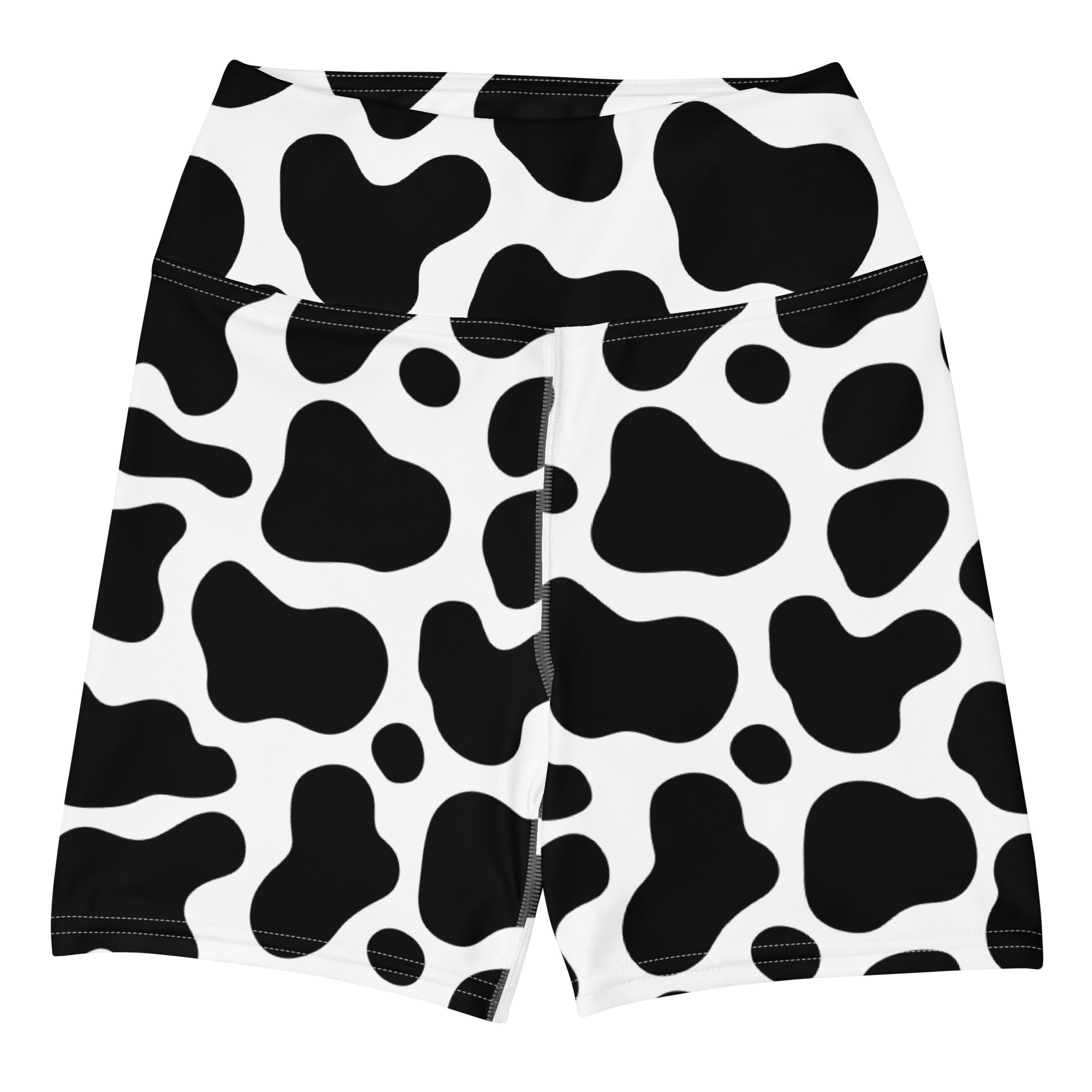 Women’s high waisted buttery soft active cow print yoga shorts in black and white cow pattern
