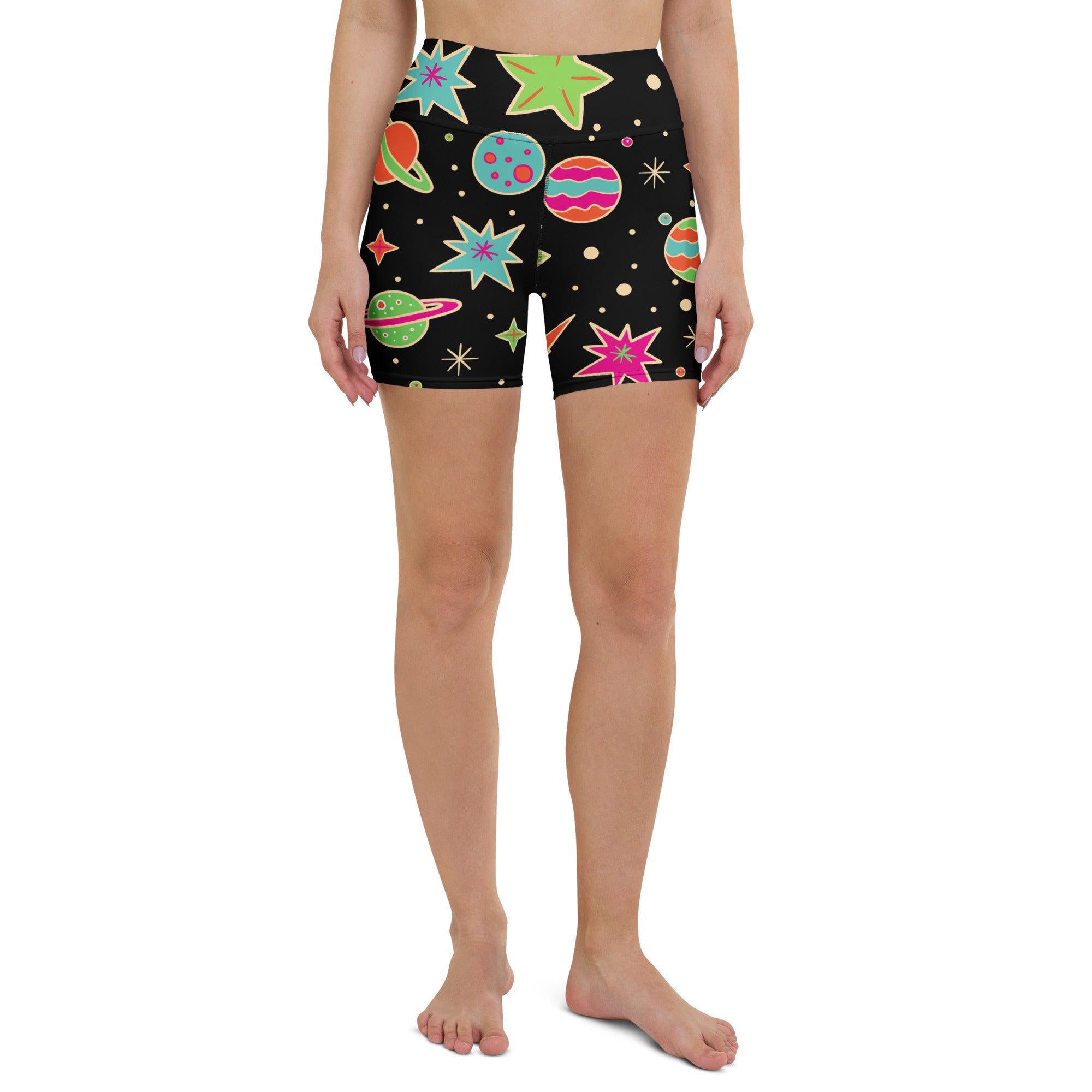 Black high waisted buttery soft retro space yoga shorts with colorful planets and stars print for women
