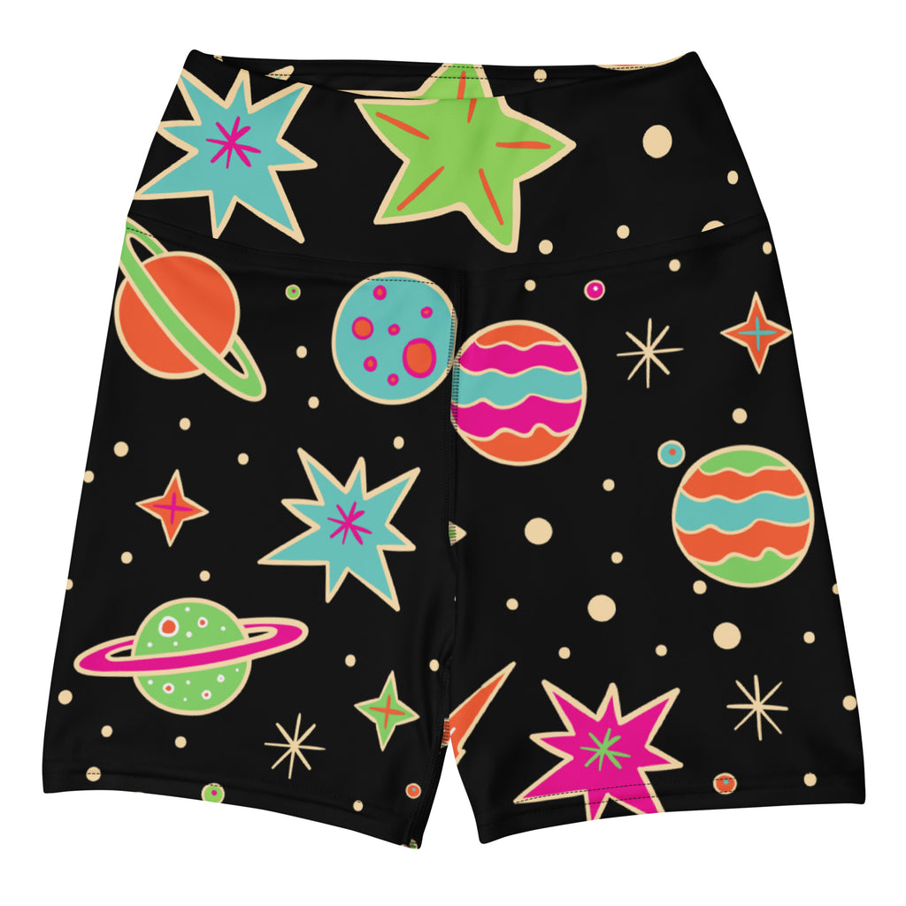 Women’s retro space yoga shorts in black high waisted buttery soft fabric with vibrant neon cosmic pattern