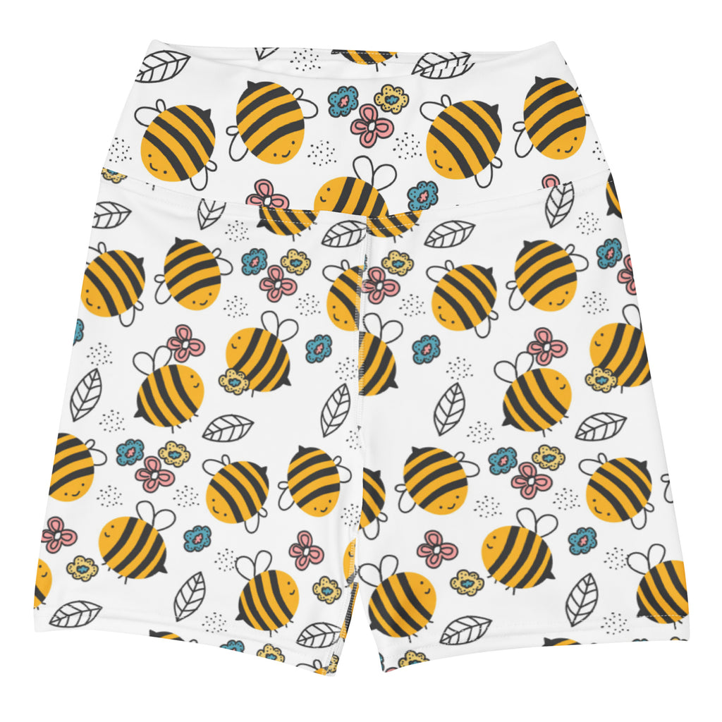 White high waisted buttery soft women’s yoga shorts with yellow bumblebee and floral pattern for activewear