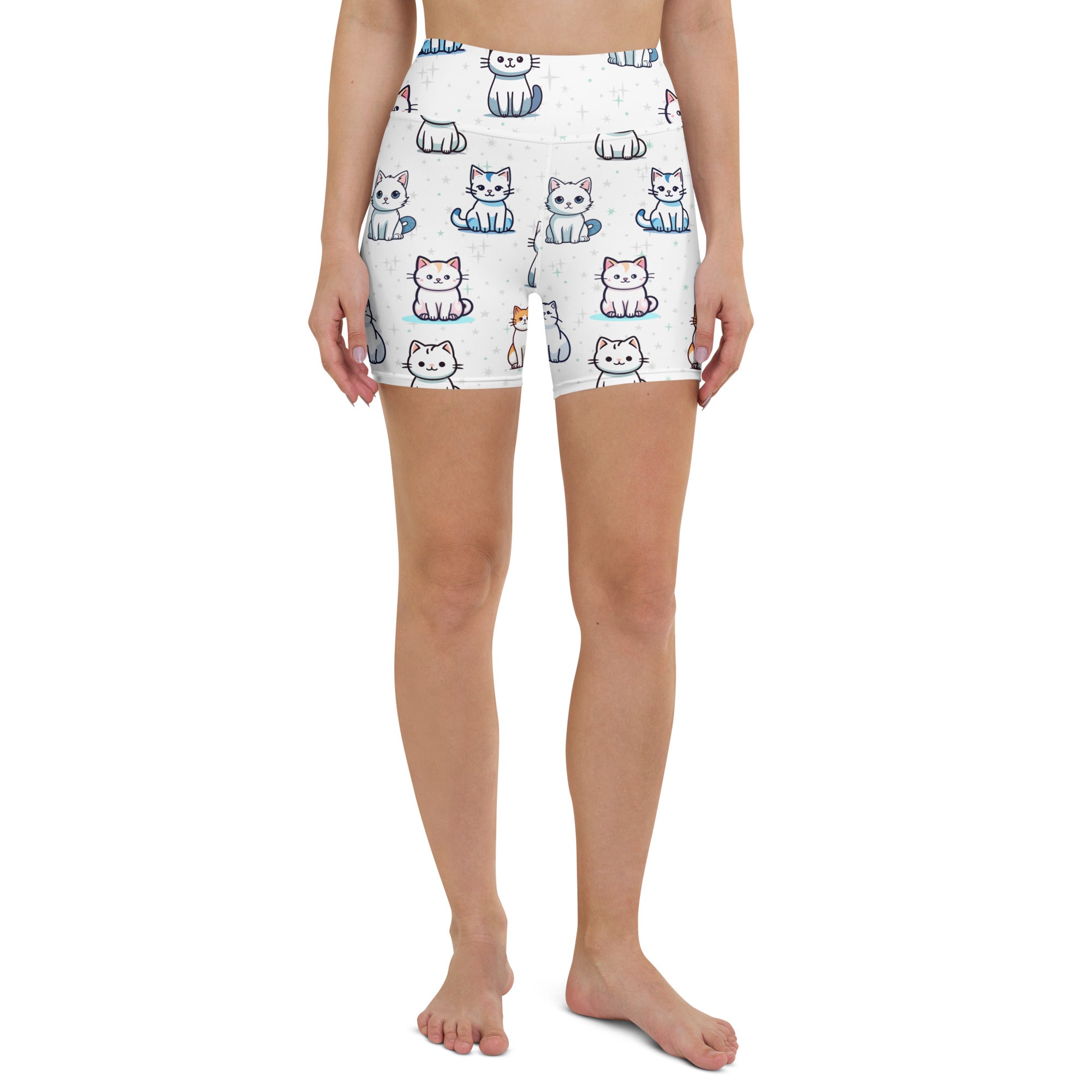 White high waisted buttery soft women’s yoga shorts with a playful pattern of colorful cartoon cats