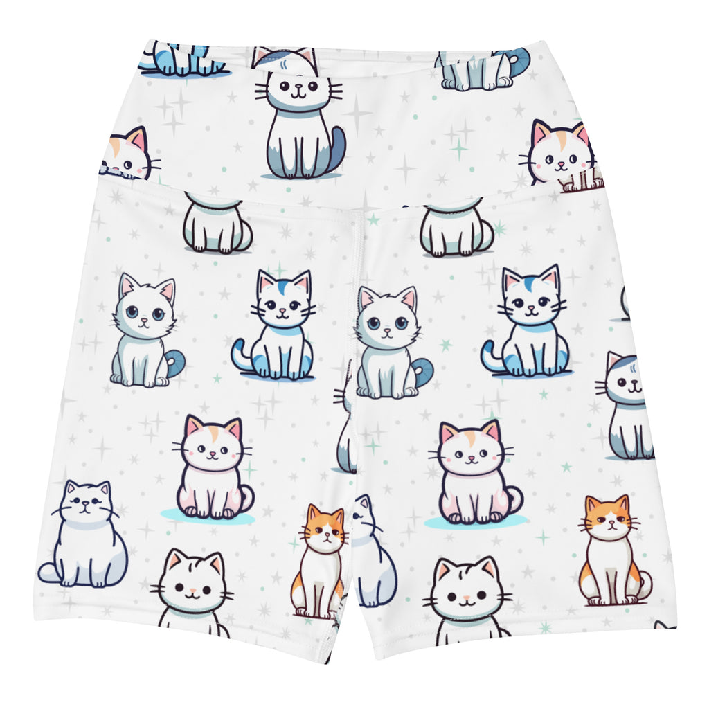 White high waisted buttery soft womens yoga shorts with playful multicolor cartoon cat pattern