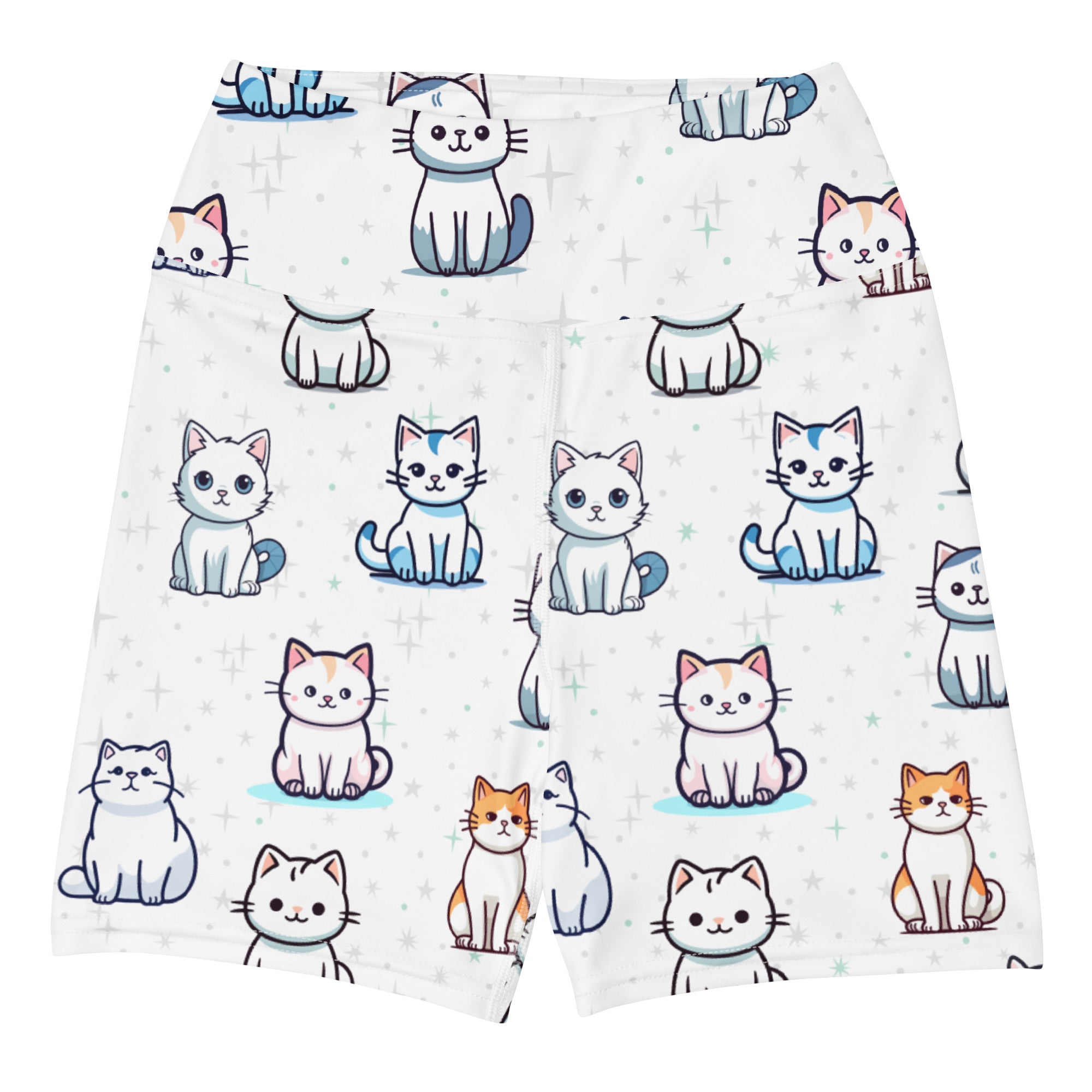 White high waisted buttery soft womens yoga shorts with playful multicolor cartoon cat pattern