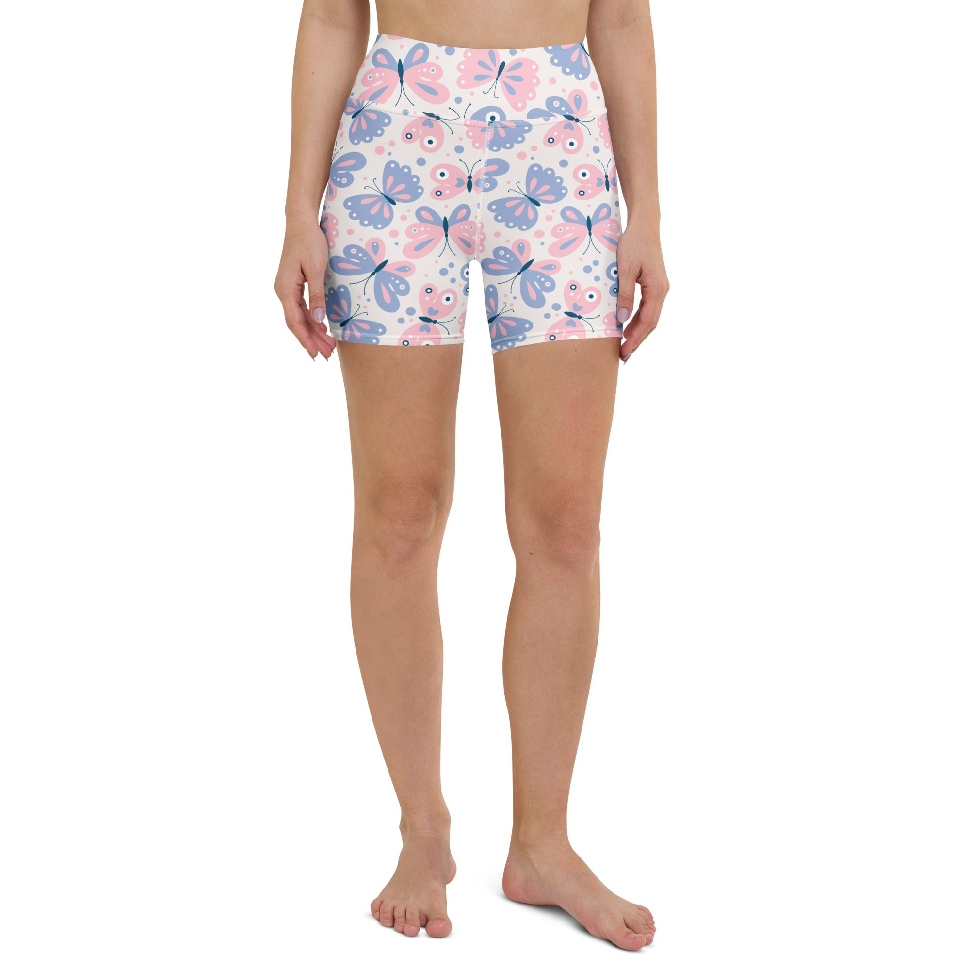 Women’s high waisted butterfly print yoga shorts in pink and blue with buttery soft fabric for activewear use